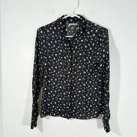 Reformation Violet Black Floral Semi Sheer Long Sleeve Button Up Blouse Small - Picture 2 of 15